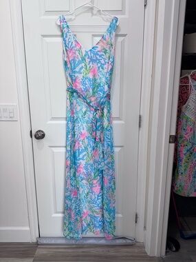 Lilly Pulitzer Blue Pink Green Coral-Print Maxi Dress